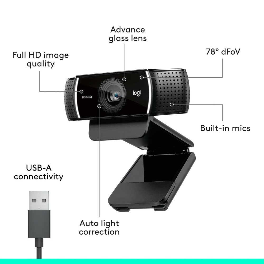 Logitech Pro Stream WebCam, 30 fps at 1080p, Autofocus, Omni-directional micro