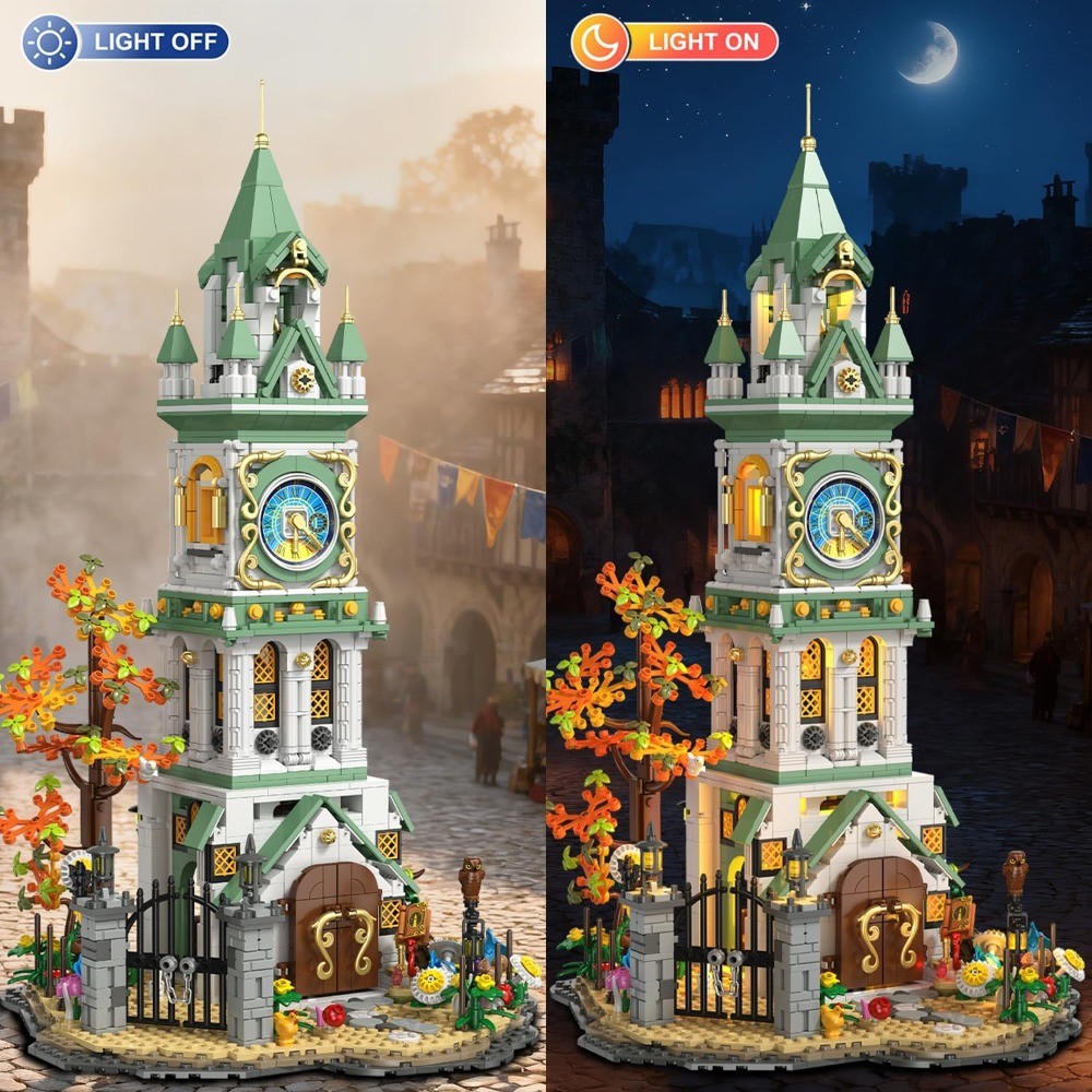 Magic Clock Tower Building Set with Light, 1566PCS Medieval Castle Model Kit
