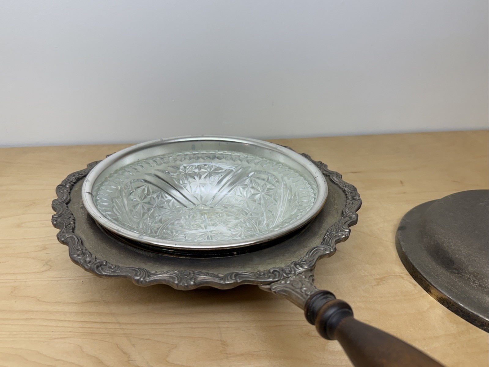Vintage Victorian Style Silver-Plated Chafing Dish with Lid and Wood handle