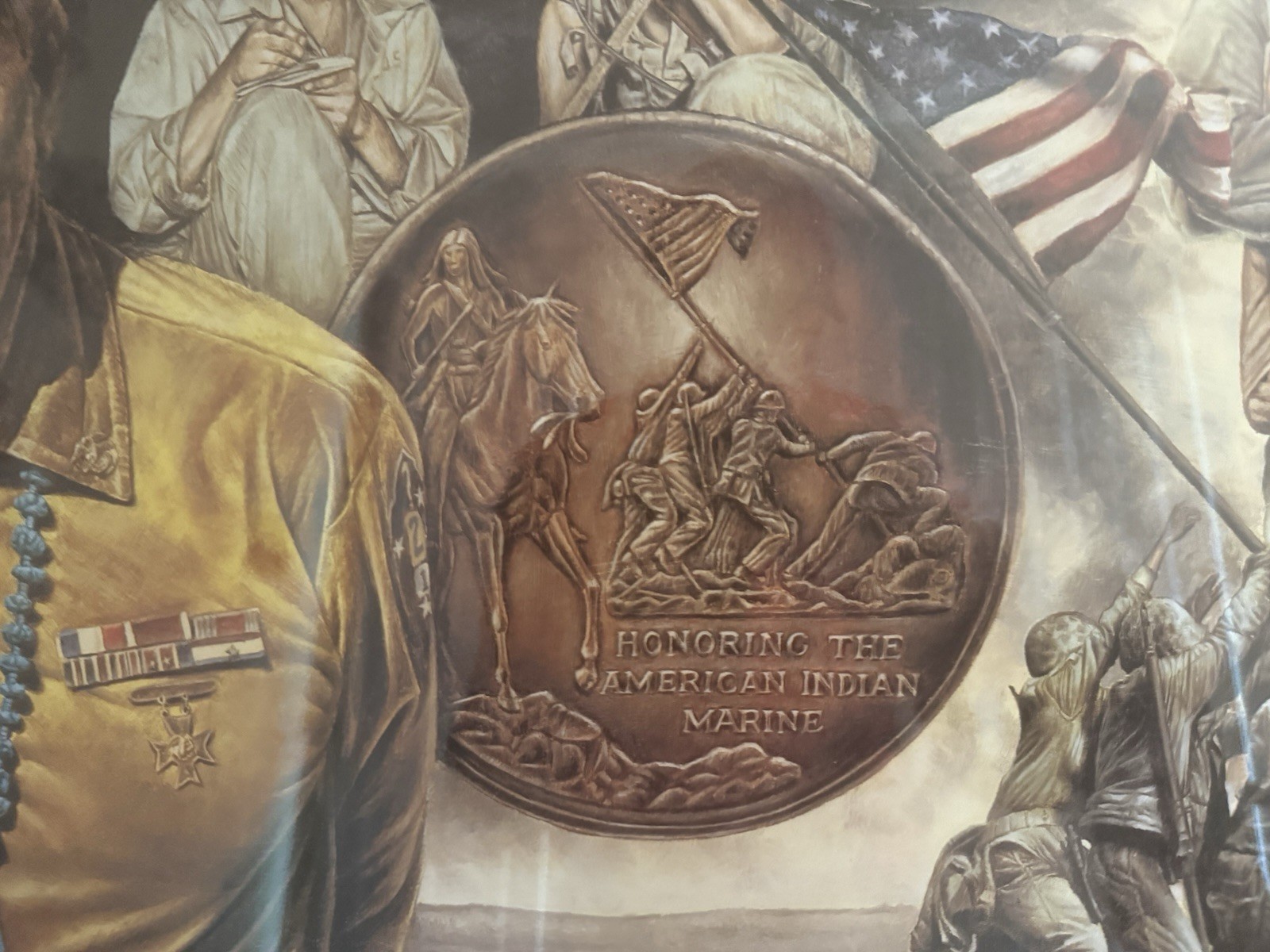 Honoring The American Indian Framed Art Marine Corps David Behrens 32”x38” Glass