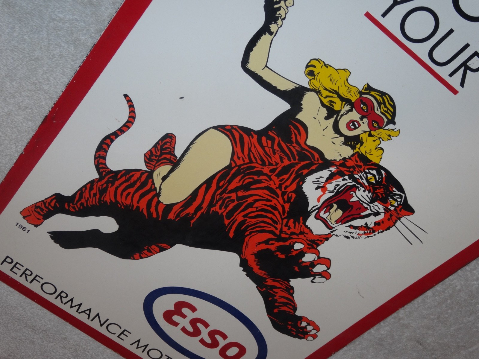 VINTAGE 1961 "ESSO CAT WOMAN RIDING TIGER" 18" PORCELAIN METAL GASOLINE OIL SIGN