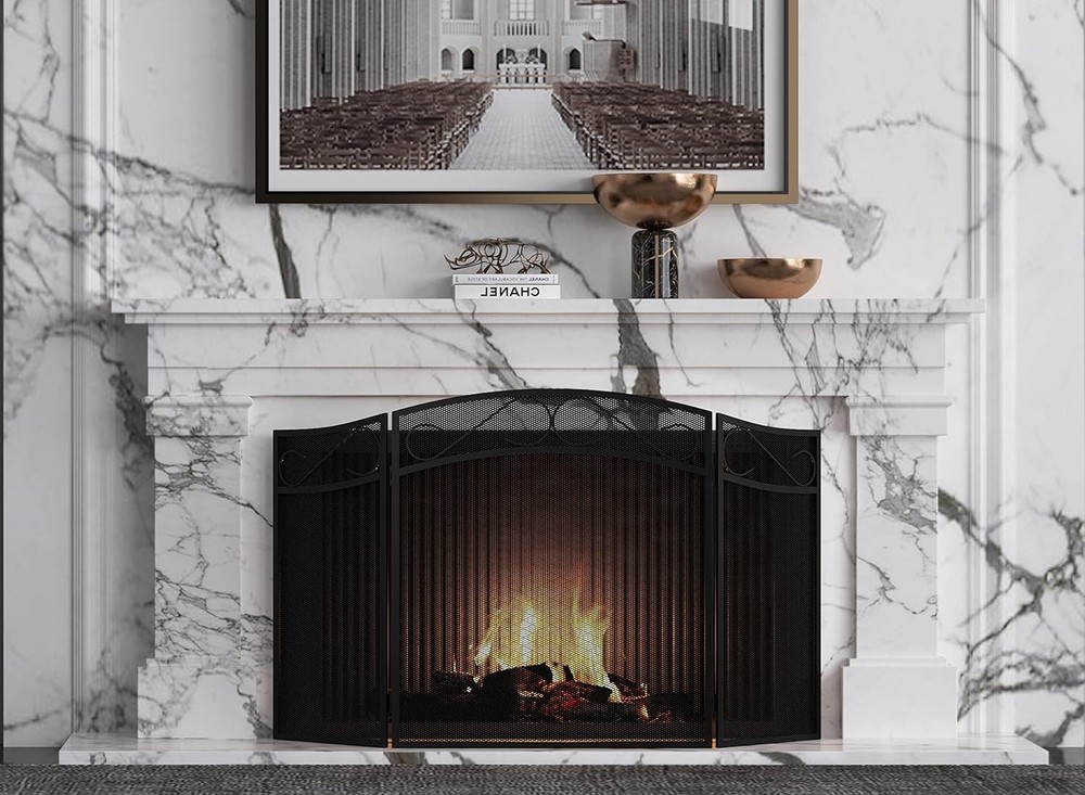 Fireplace Screen Wood Burning Fireplace Foldable 3 Panel Wrought Iron Fireplace