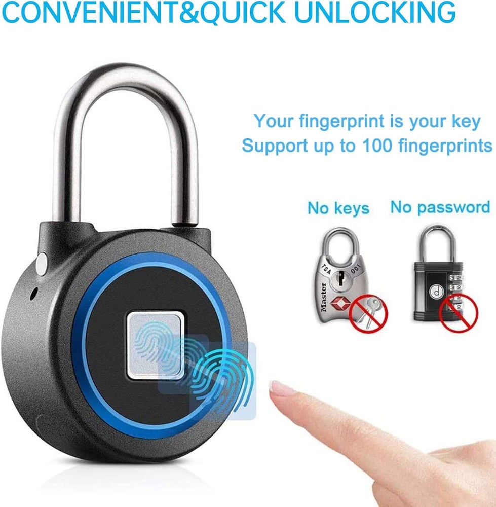Fingerprint Padlock, Bluetooth Lock, Mobile APP, Smart Padlock, Waterproof, Blue