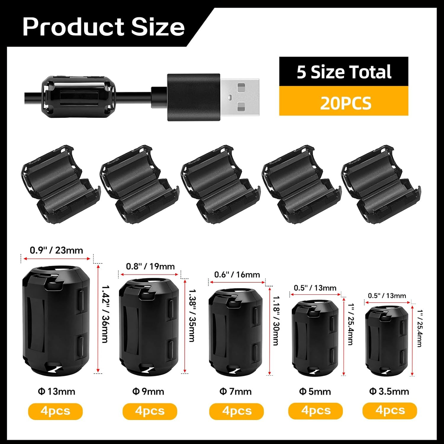 20PCS Clip-On Ferrite Beads RFI & EMI Noise Suppressor for 3–13mm Cables