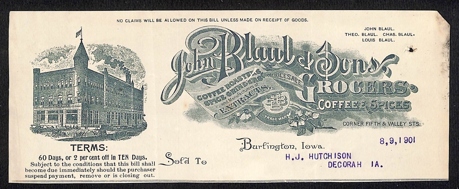 John Blaul Grocers Coffee Burlington IA Hutchinson* 8/9 1901 Cut Billhead