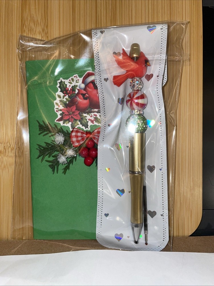 HANDCRAFTED RED BIRD BEADED PEN & NOTE PAD SET