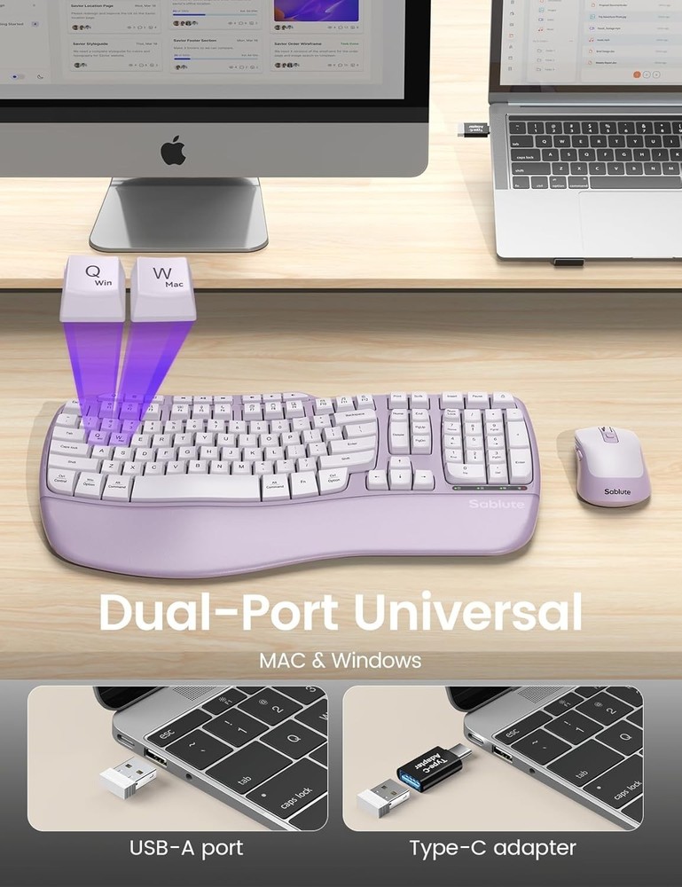 Ergonomic Wireless Keyboard Mouse Combo Purple Wave Design Silent