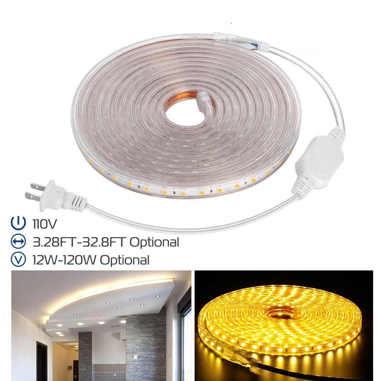 110V LED Strip Light SMD 5050 Flexible Tape Home Outdoor Lighting Rope + US Plug