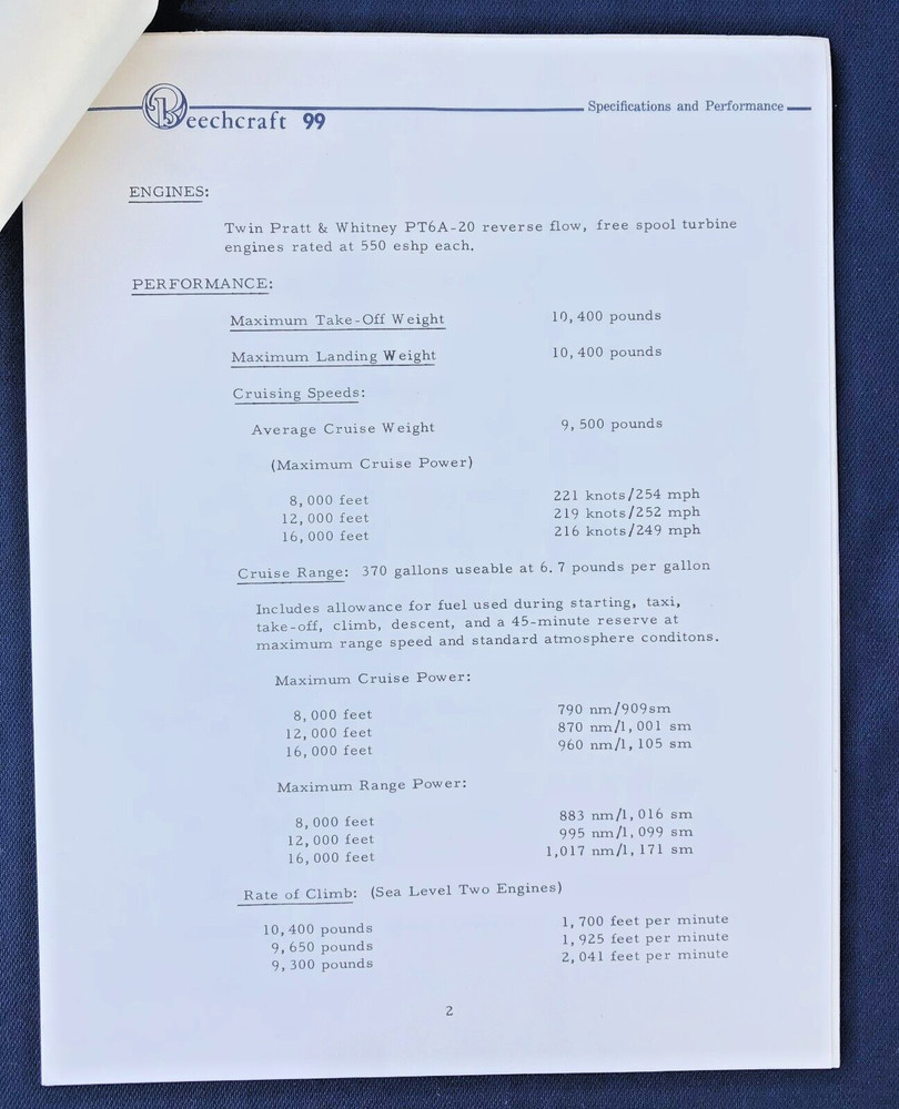 1960'S BEECHCRAFT 99 AIRLINER SPECIFICATIONS AND PERFORMANCE SHEETS W SCHEMATIC