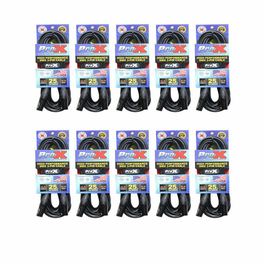 10 Pack 3 Pin DMX 25' ft Stage Lighting Light Shielded Cables By PRO X