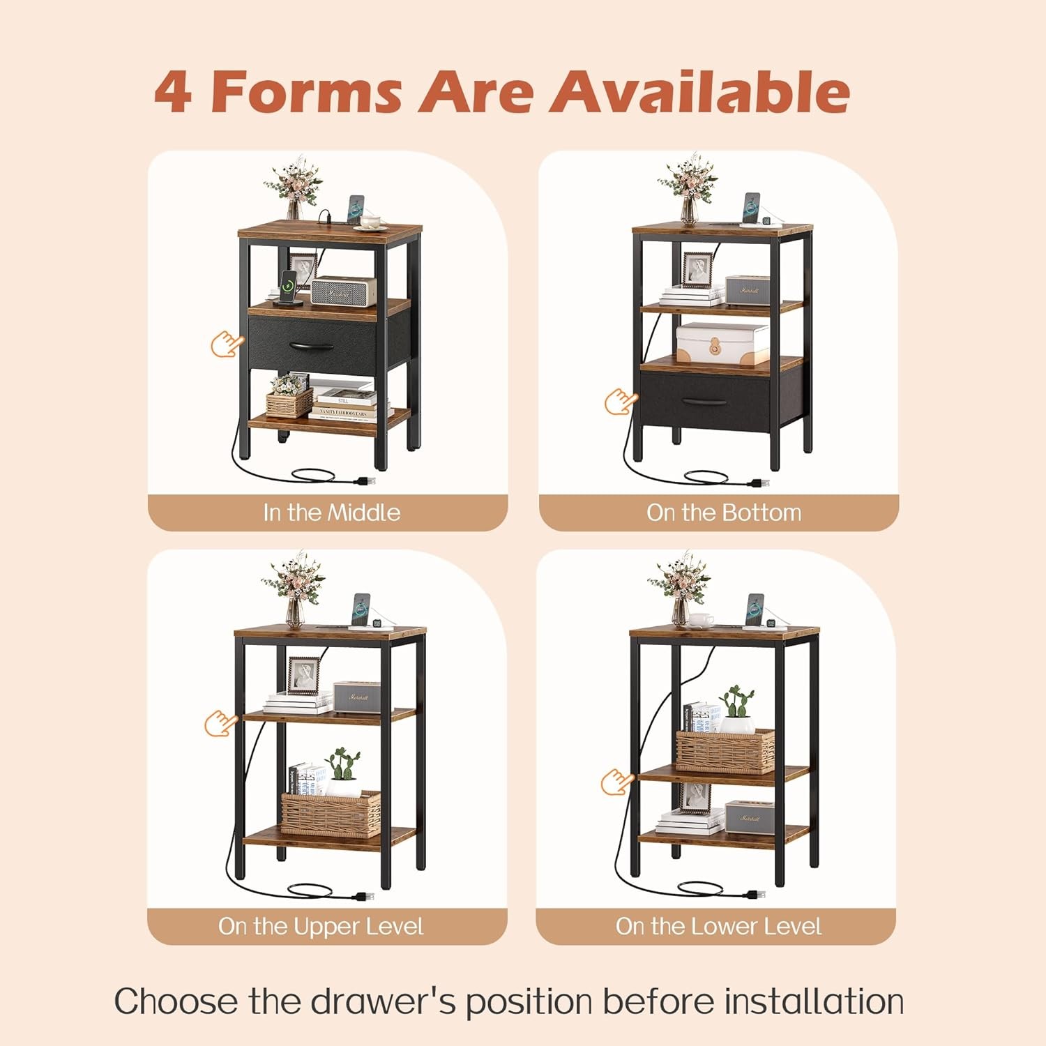 Nightstand with Charging Station, Bed Side Table with Adjustable Fabric Drawer,