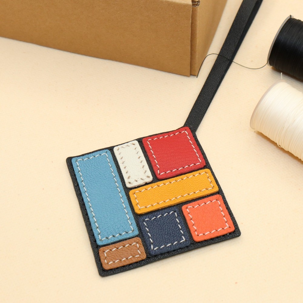 Handcrafted Multicolor Leather Geometric Art Bag Charm, Patchwork Design,Style B