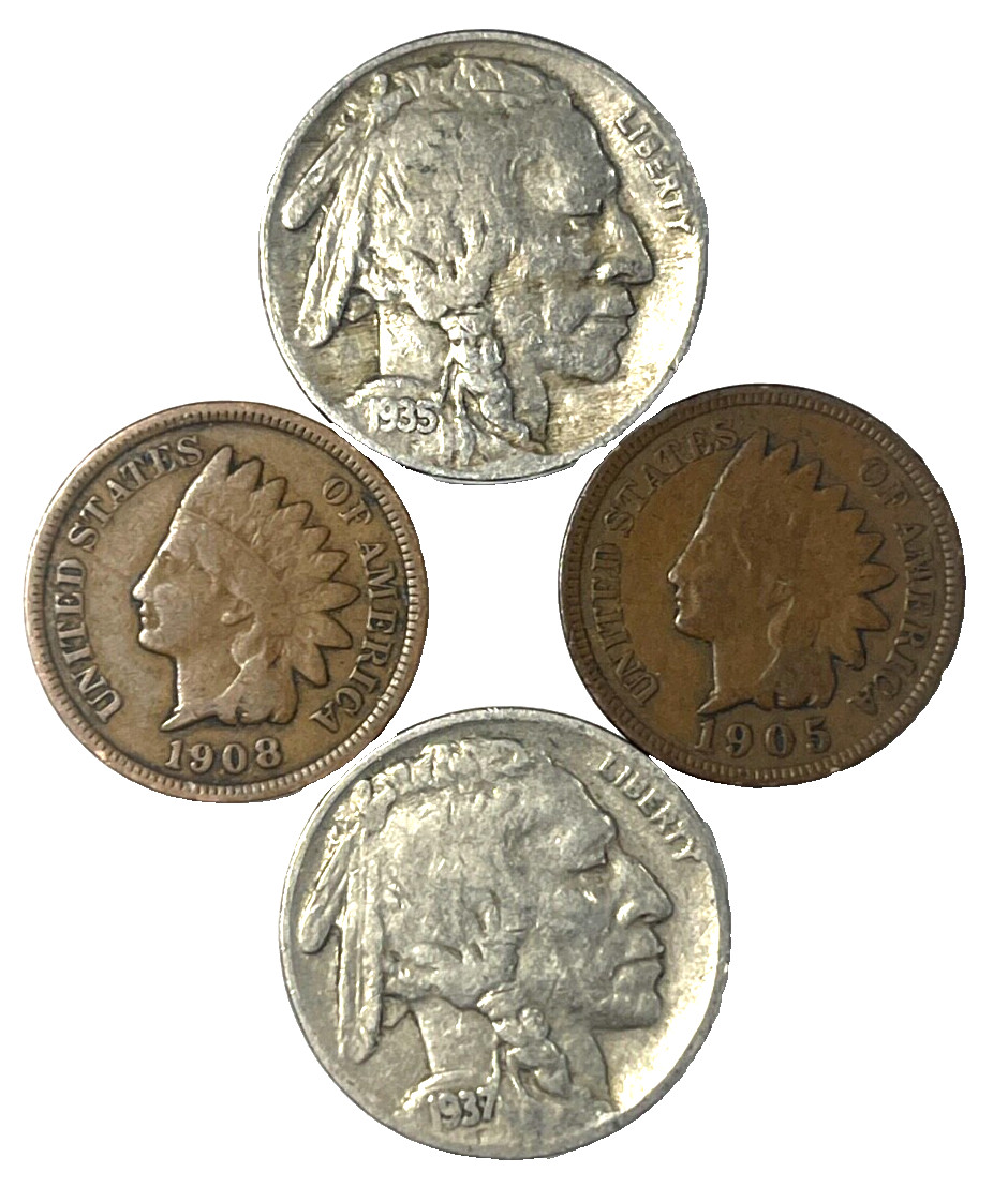 (2) BUFFALO NICKELS AND (2) INDIAN HEAD PENNIES 4 CLASSIC VINTAGE COINS