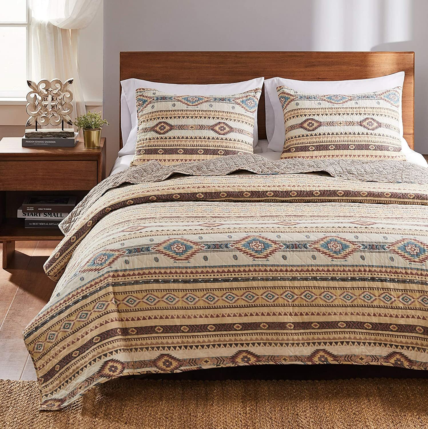 SOUTHWESTERN PHOENIX 3p King QUILT SET : BROWN TURQUOISE SOUTHWEST NATIVE TRIBAL