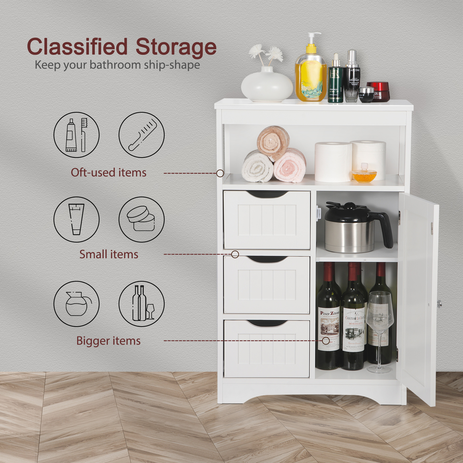 Bathroom Floor Storage Cabinet Organizer w/ 3 Drawers and Adjustable Shelf White