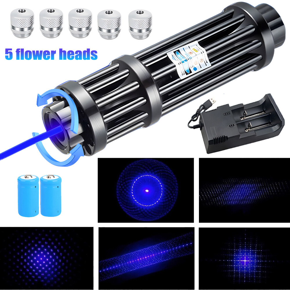 Blue Burning Laser Pointer Adjustable Visible Beam Dot Light 5 Caps Torch Light