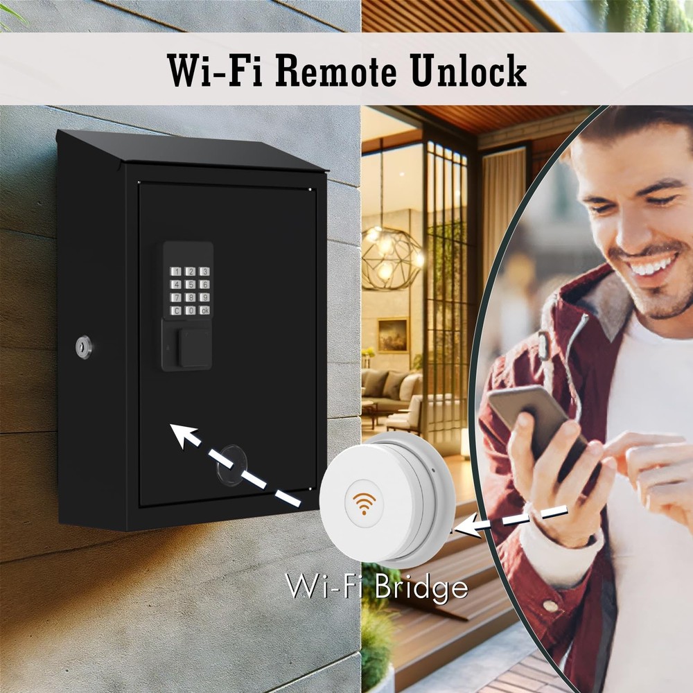 WeHere Mailbox with Wi-Fi Bridge, Wall Mount Locking Postbox (Wi-fi) Black