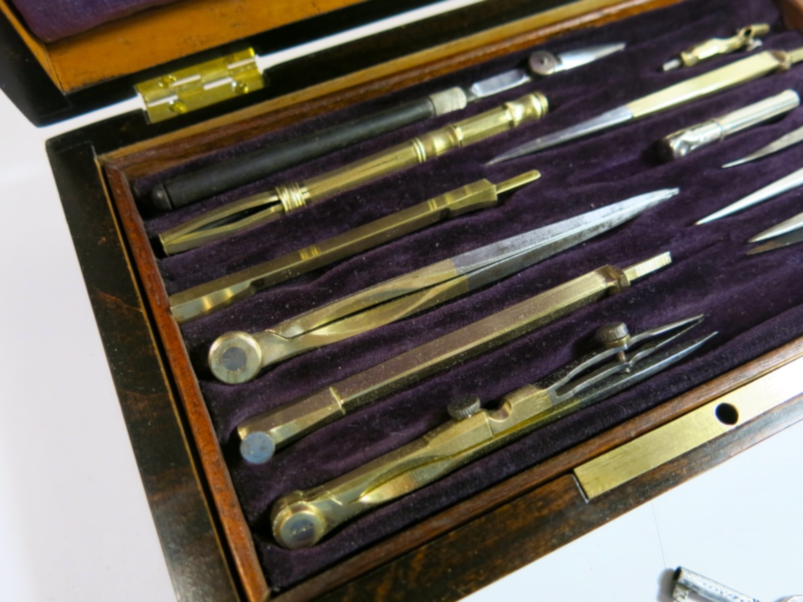 Antique late 1800s Drafting Set in Refinished Wooden Box with Lock and Key