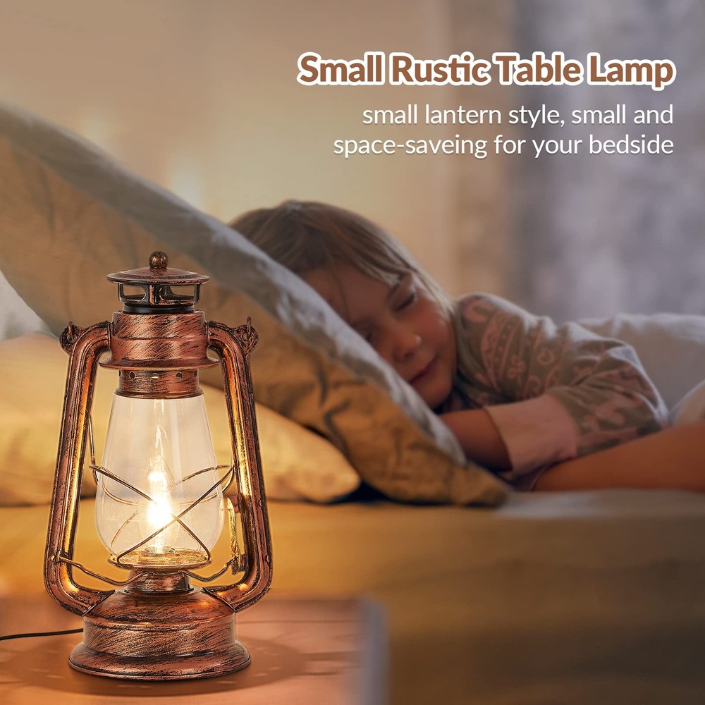 Rustic Lantern Table Lamp Plug-in Old Fashioned Night Light Perfect for Bedro...
