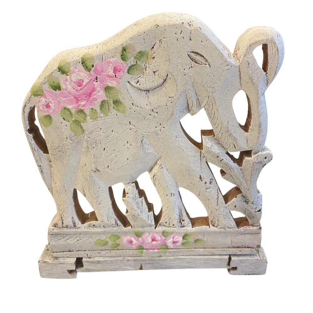 Carved Elephant Folding Book Rack Holder Hand Painted Chippy Boho Shabby Signed