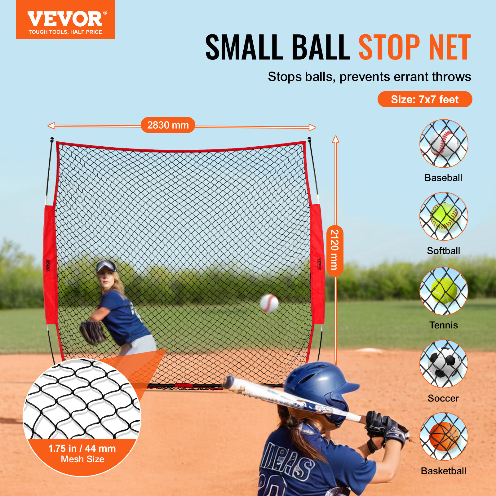 VEVOR Barricade Backstop Net Ball Sports Barrier Softball Practice Net 7x7ft
