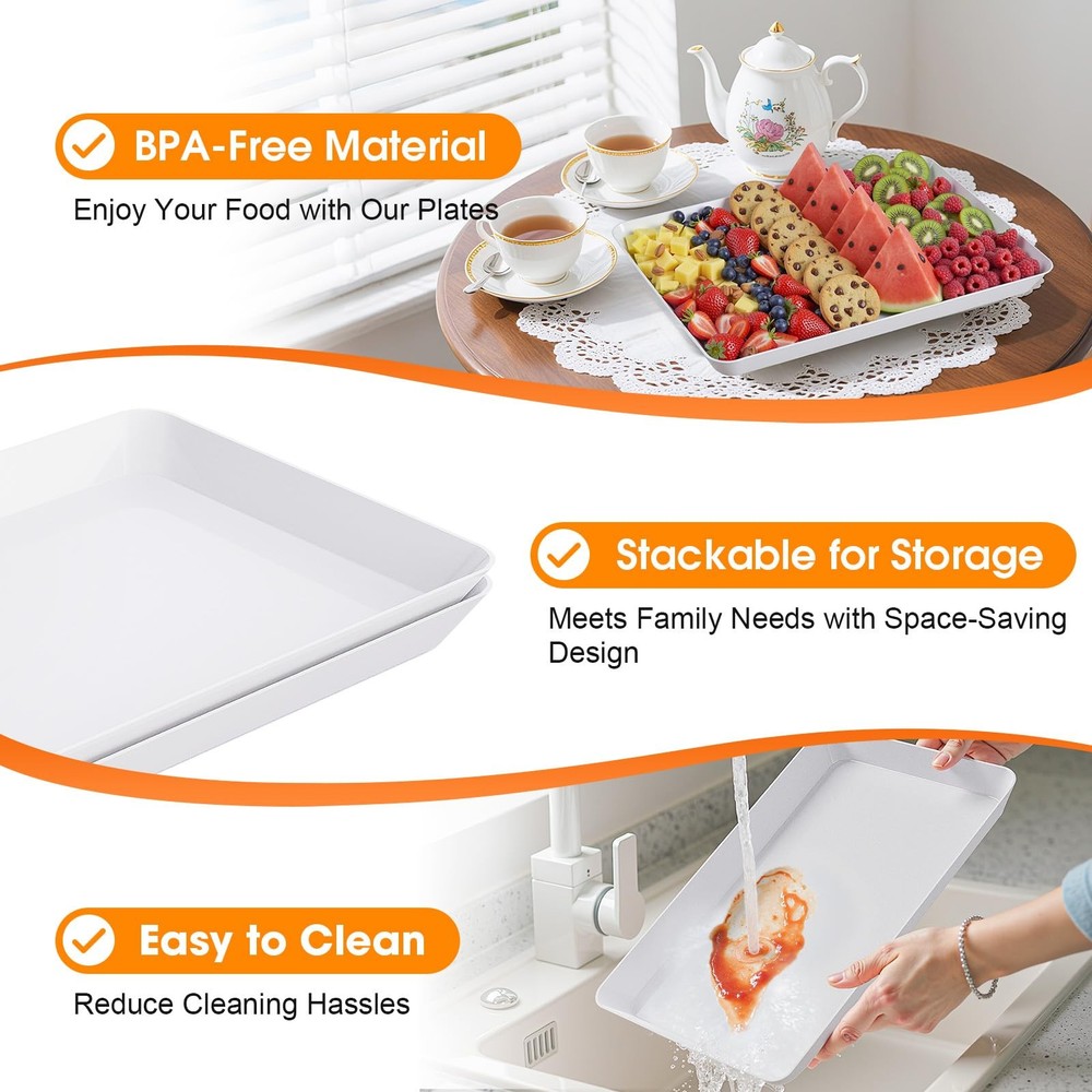 4 PCS Serving Tray Serving Platter Rectangular Plastic Food Display White Stack