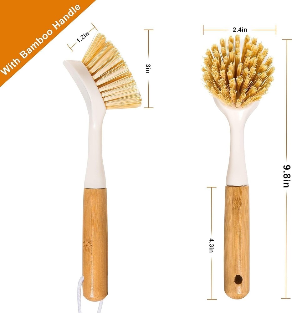 2 Pack Kitchen Dish Brushes with Bamboo Handle, Dish Scrubber Built-in Scraper,