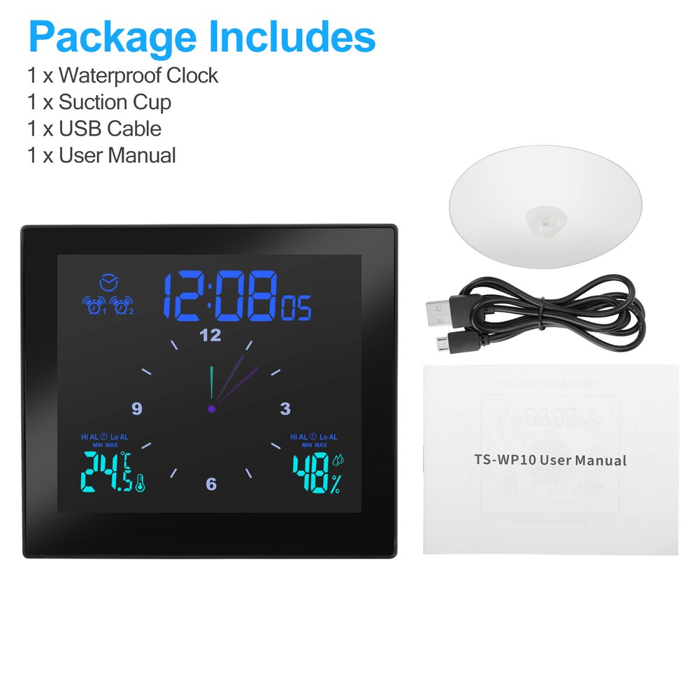 Digital Bathroom Clock Smart Temperature Humidity Meter Thermometer Waterproof
