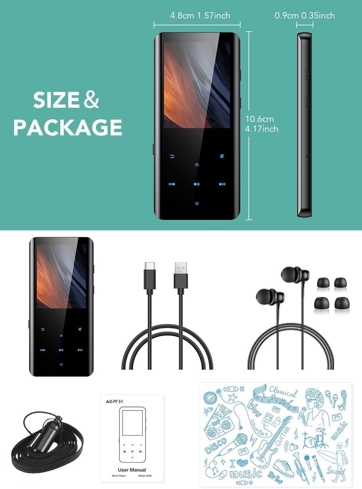 Expanded 128GB Bluetooth MP3 Player with Curved Screen—Lossless Audio Experience