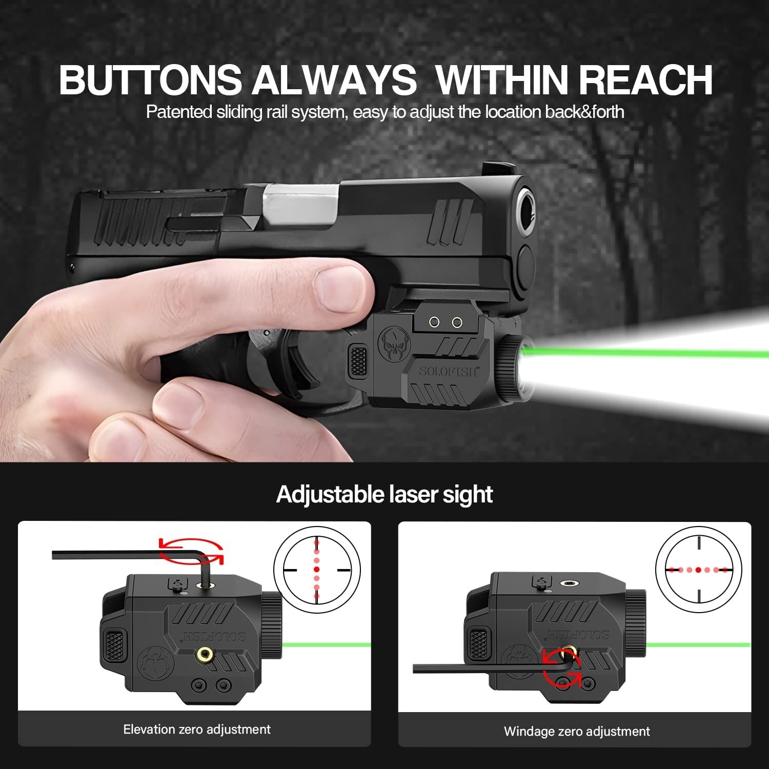 SOLOFISH 600 Lumen Flashlight & Green Laser Sight Pistol Handgun Picatinny Rail