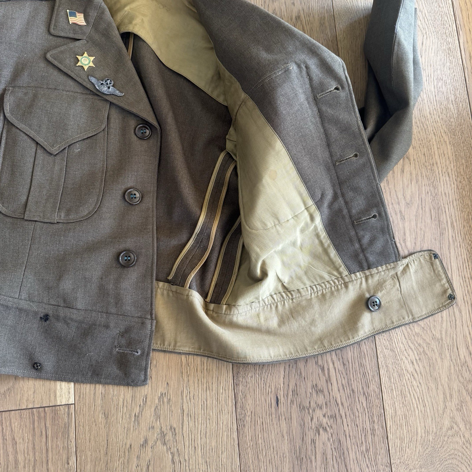 Vintage WWII US Army Eisenhower Ike Jacket Mens Small Wool Drab Olive Pins 1940s