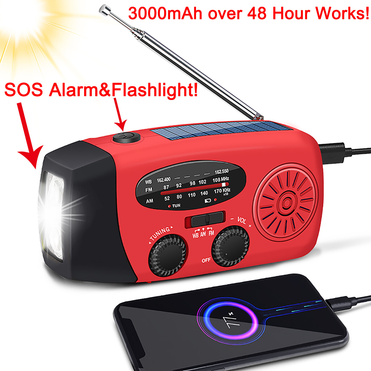 Emergency Solar Hand Crank Weather Radio 3000mAh Power Bank Charger Flash Light