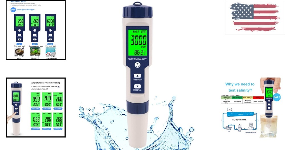 High-Accuracy Salinity Meter & pH Tester – Ideal for Pools, Spas & Hydroponics