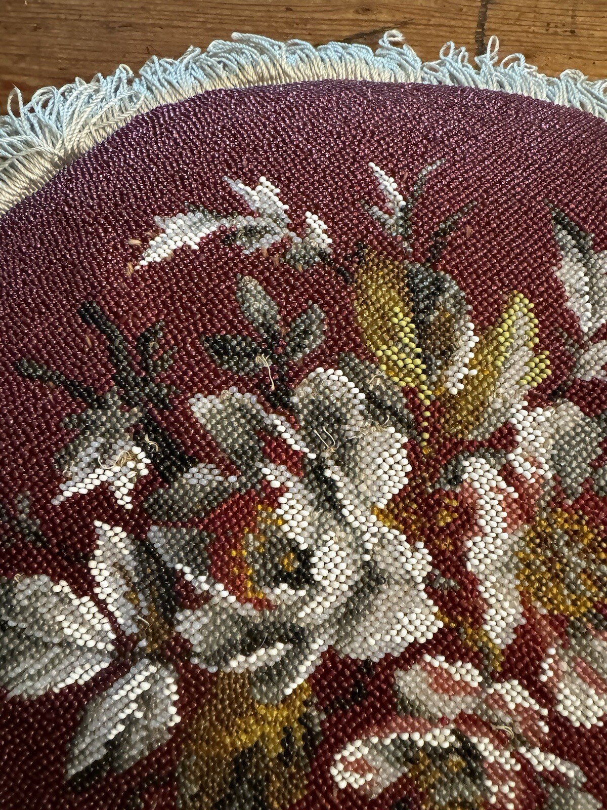 Victorian UK Embroidered & Beaded 13” Chair Seat Cushion w/ Purple Velvet Bottom