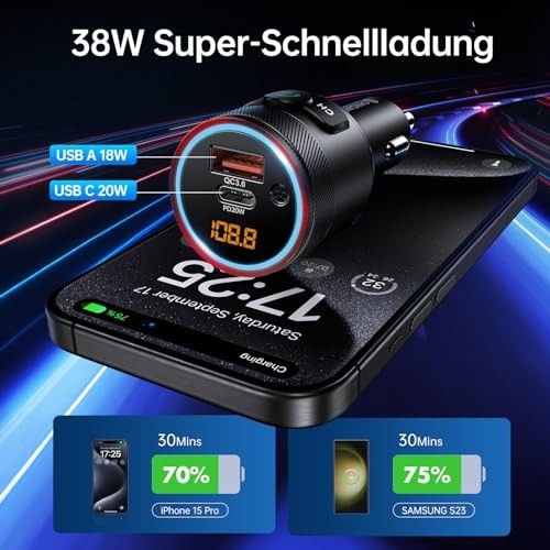 Bluetooth 5.4 FM Transmitter for Car - 38W PD & QC3.0 Dual USB Charger, Hands-Fr