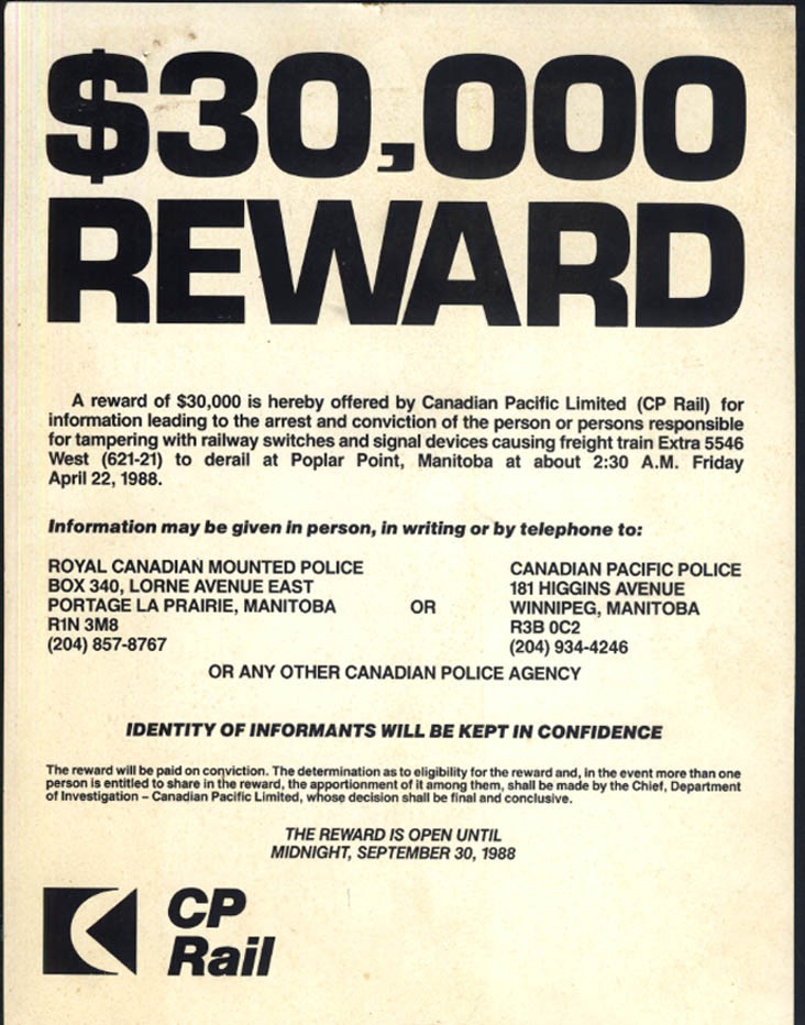 CP Rail $30,000 Reward Arrest for Railway Switch & Signal Tampering 1988 poster