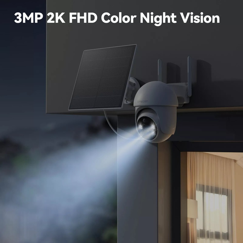 TMEZON 3MP Wireless Solar Powered Security Surveillance System Camera Night View