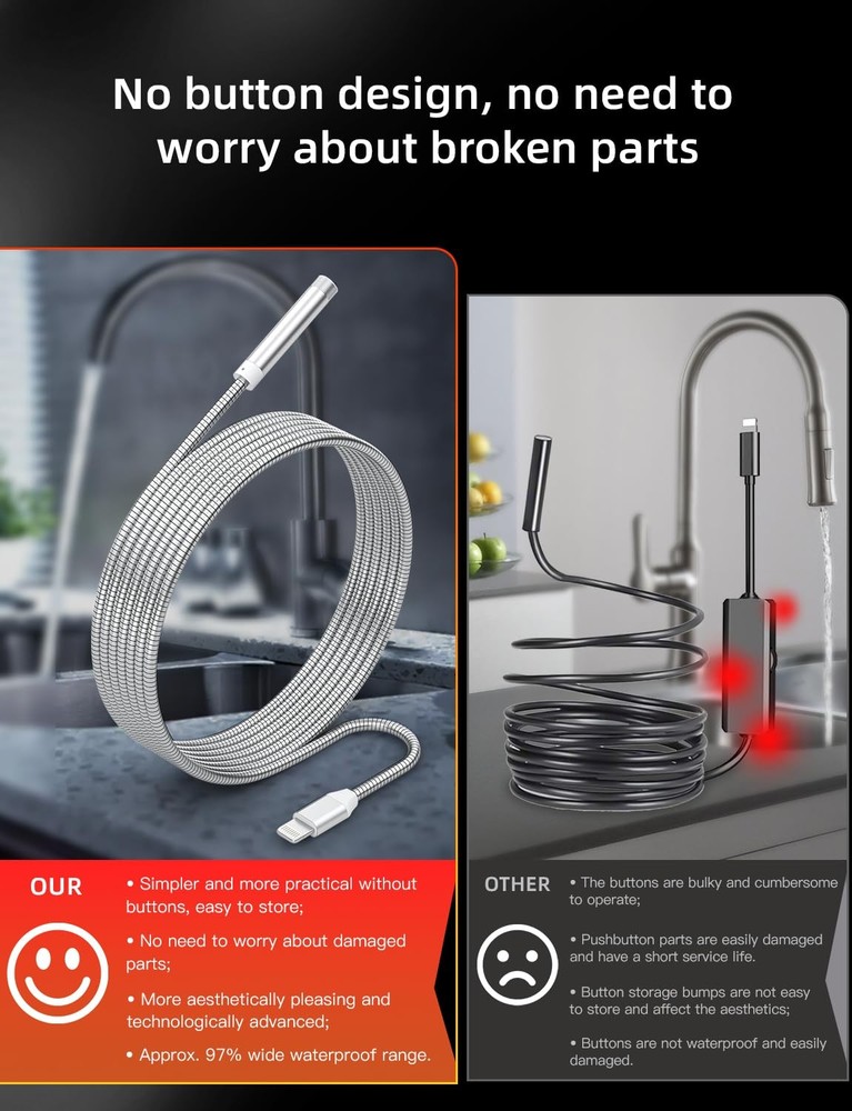 Endoscope Camera with Light, 1920P HD Borescope Camera with 8 Adjustable LED ...