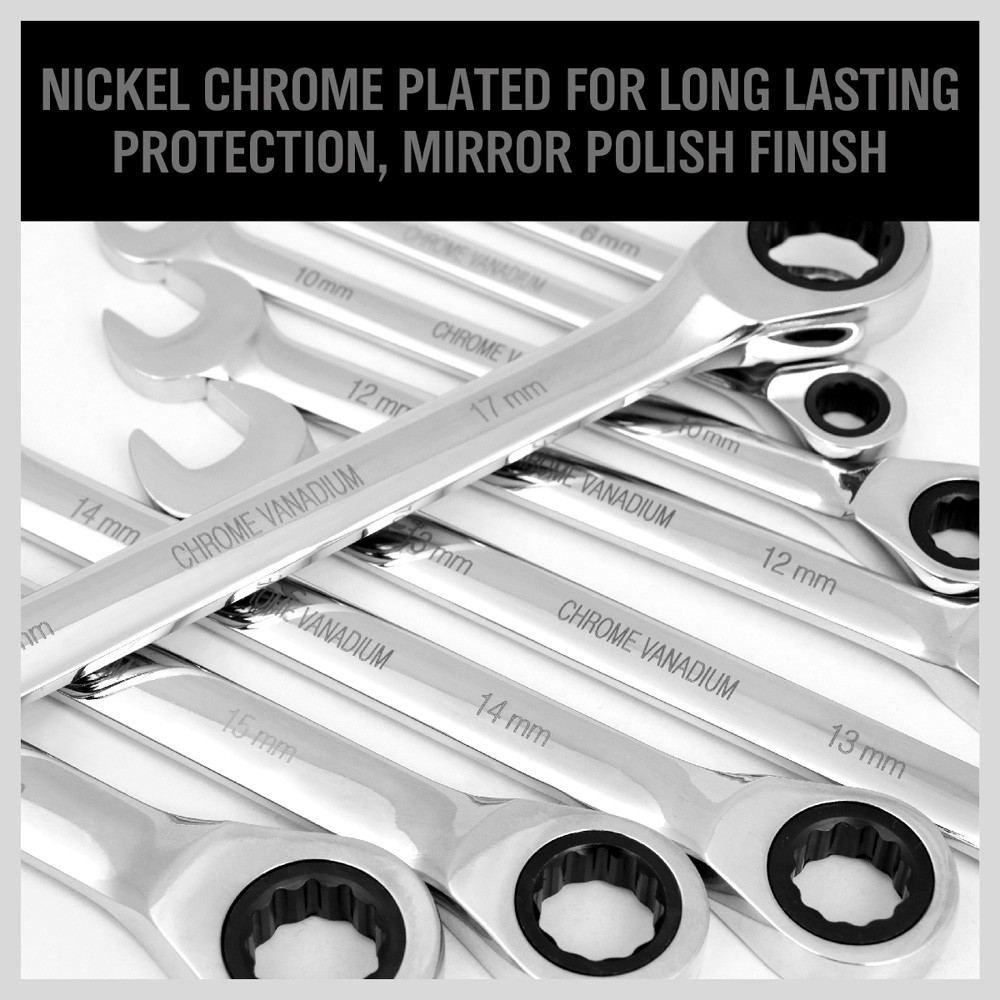 20pc Flat Ratcheting Wrench Combination Spanner Tool Set SAE & Metric With Case