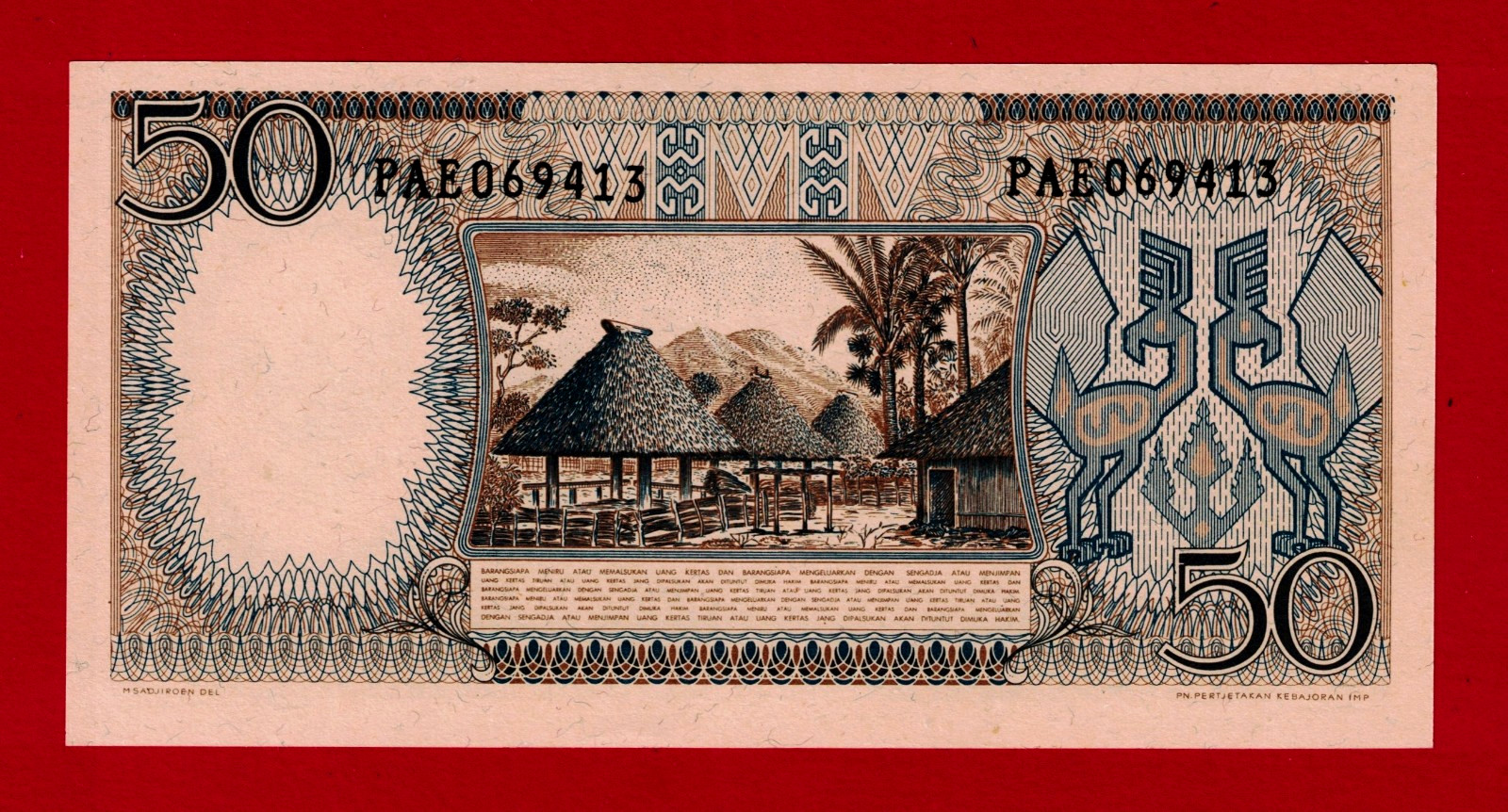 RARE 50 RUPIAH 1964 INDONESIA UNC Note - Sign: Hertatijanto & Muda Dalam (P-96a)