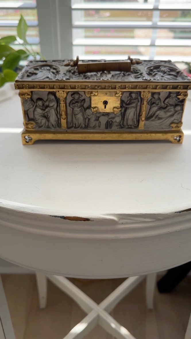 German Gothic Revival Silvered & Gilt Bronze Casket – Medieval Figural Relief –