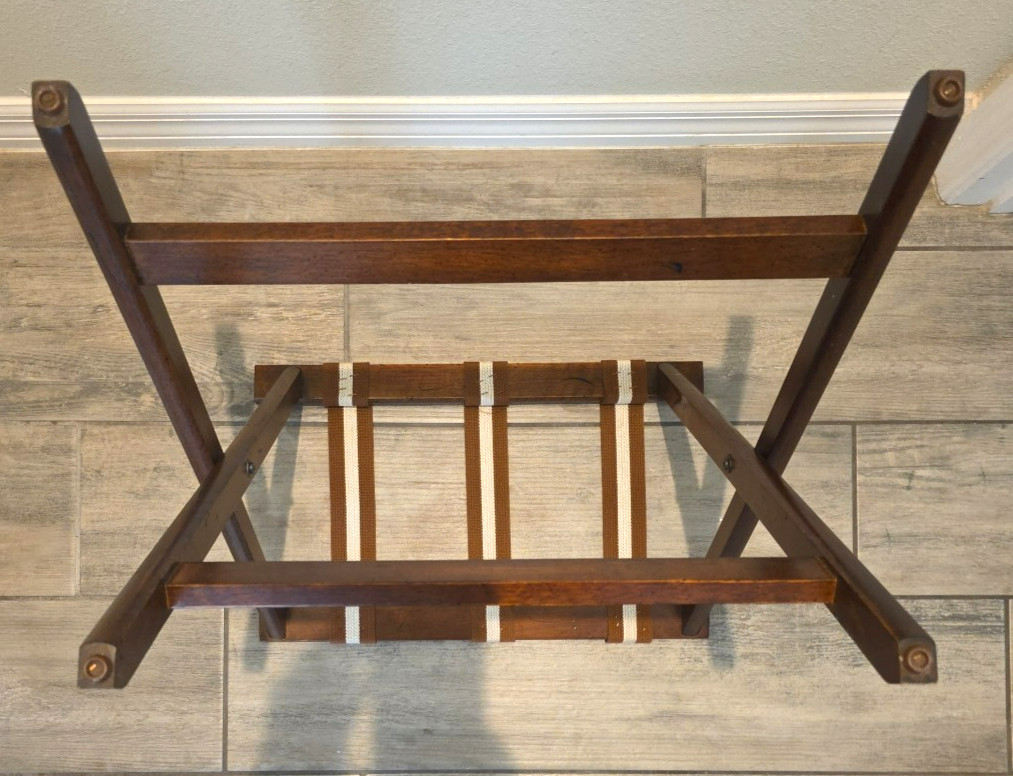Vtg 1991 BOMBAY Folding Luggage Stand Suitcase Rack Wood Frame Striped Straps