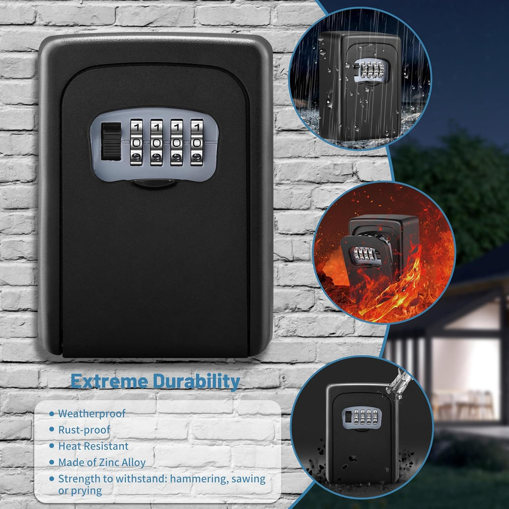 Key Lock Box Wall Mounted,4 Digit Combination Weatherproof Lockbox for outside H