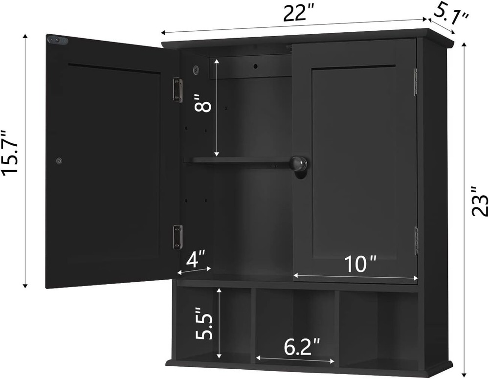 Space-Saving Black Wall Cabinet with 2 Doors and Adjustable Storage Shelves