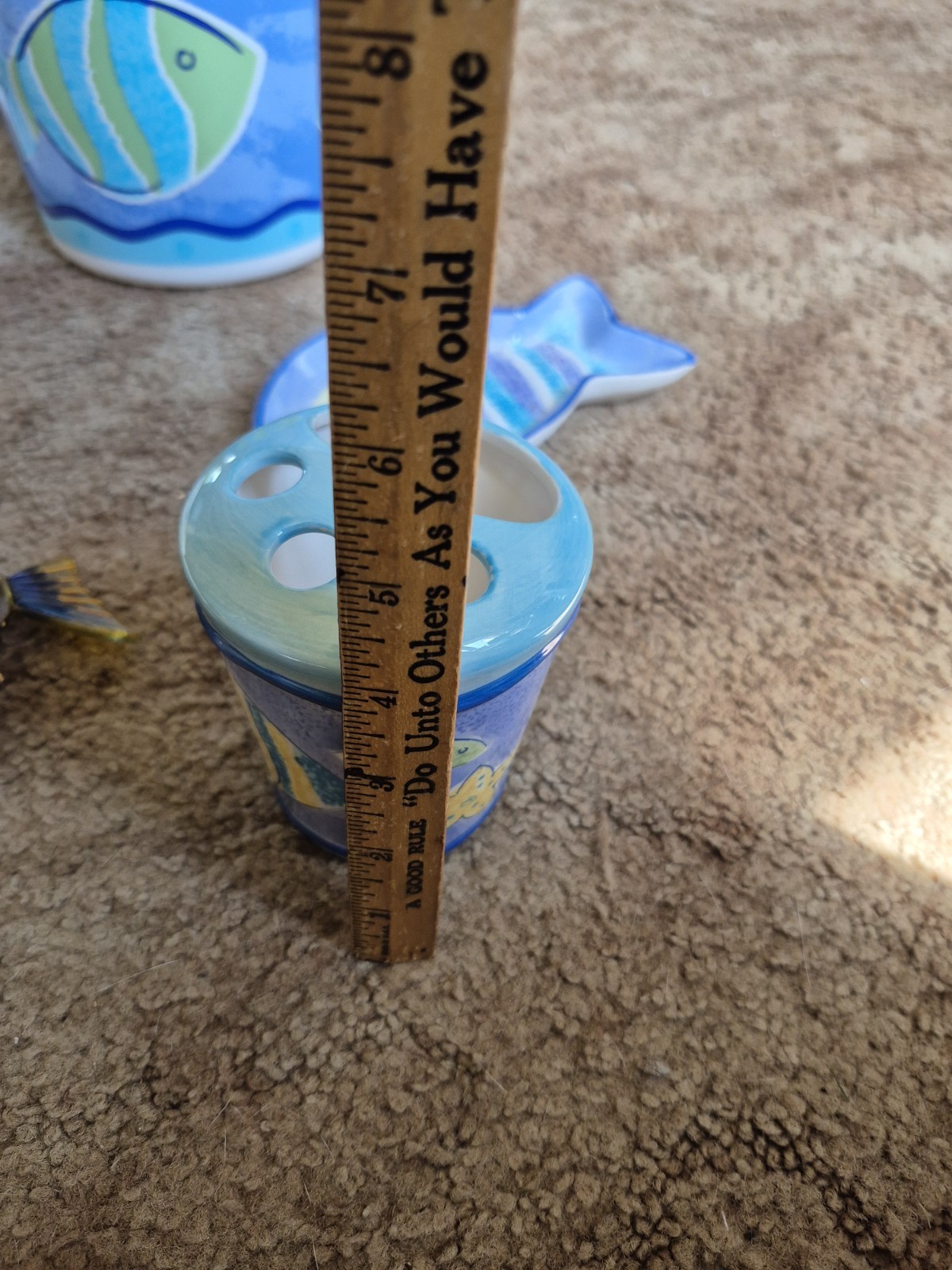 Fish Theme 7pc Bath Bathroom Set Ceramic Soap Dish ToothBrush Hold Cup Trash Can