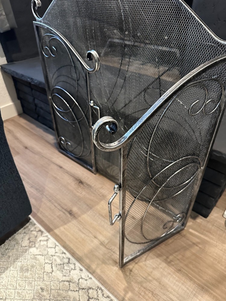 3-Panel 55x33 Solid Wrought Iron See-Through Metal Fireplace Screen (Pewter)