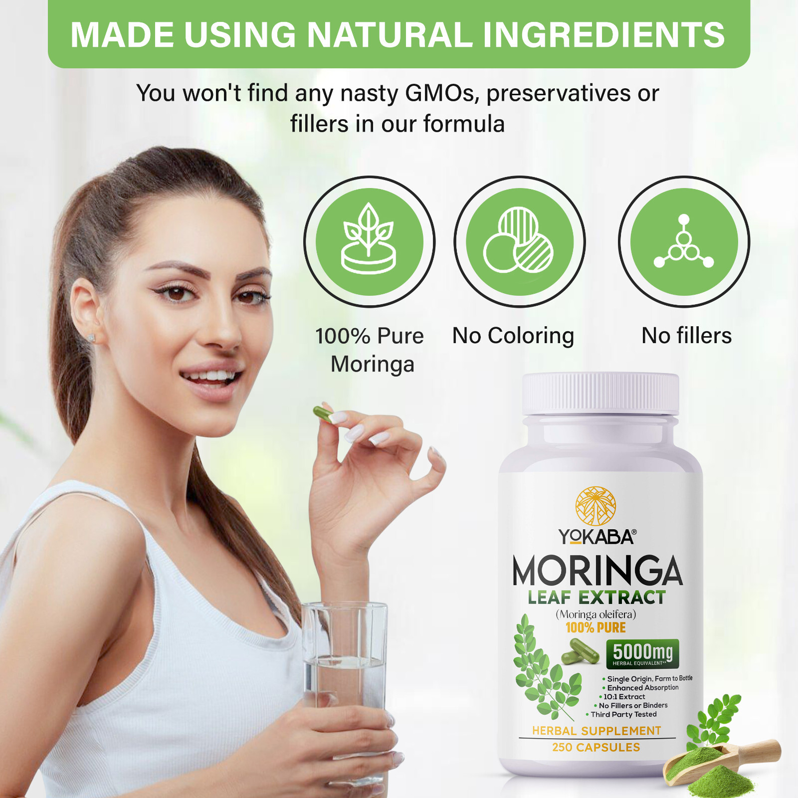 250 Capsules Moringa Oleifera Leaf Powder 5000mg - Organic Herbal Extract YOKABA