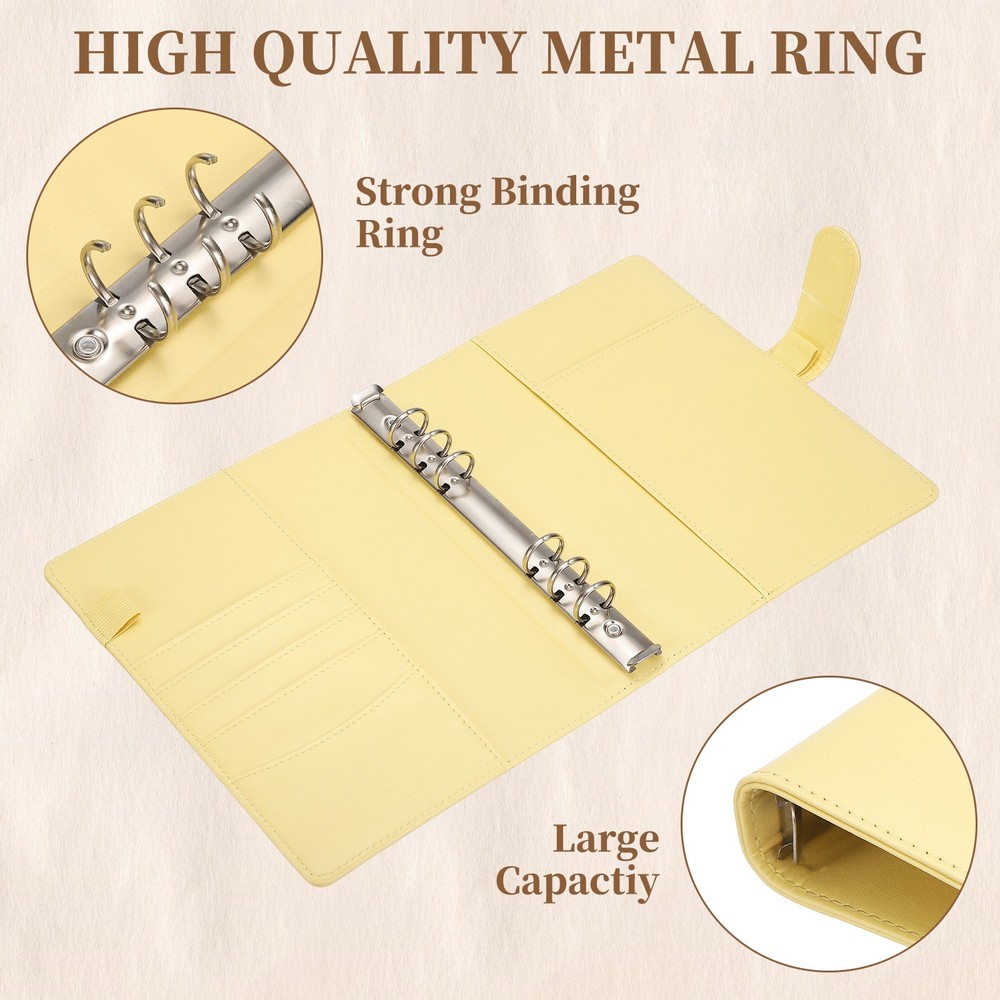 A5 PU Leather Binder Protector, 6 Ring Loose Leaf Notebook Shell, Yellow