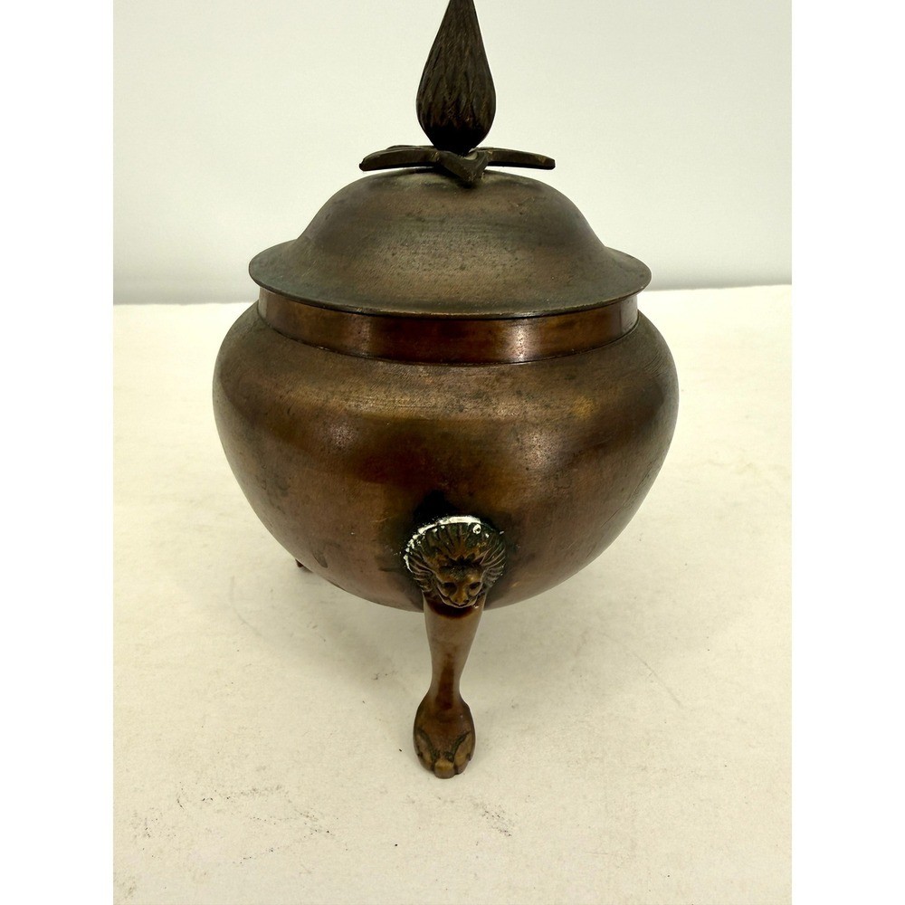 Antique Bronze Lidded Pot with Lion Head Feet Tripod Footed Bowl Ornate Finial