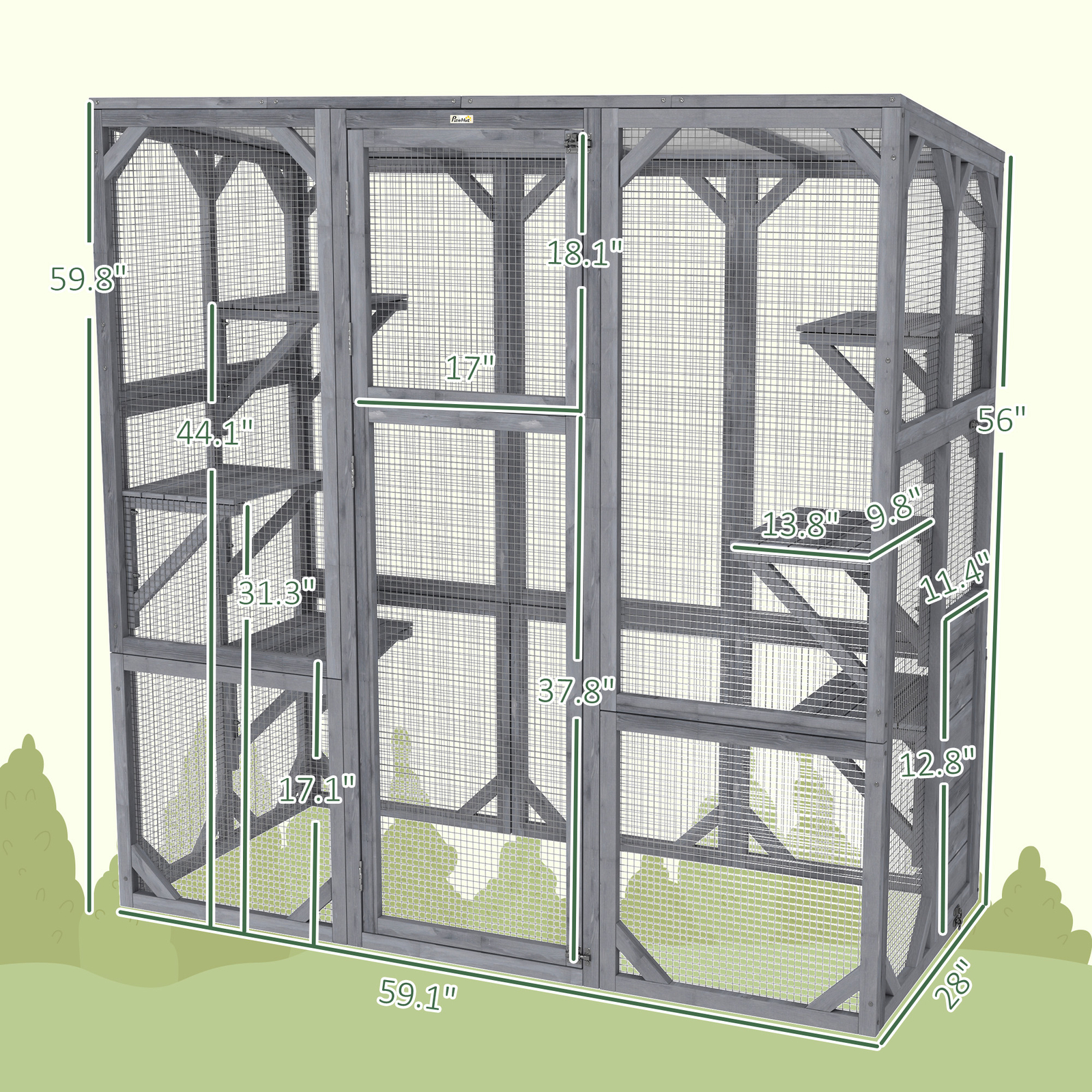 PawHut Catio Outdoor Cat Enclosure for 1-3 Cats, 59" x 28" x 60", Gray